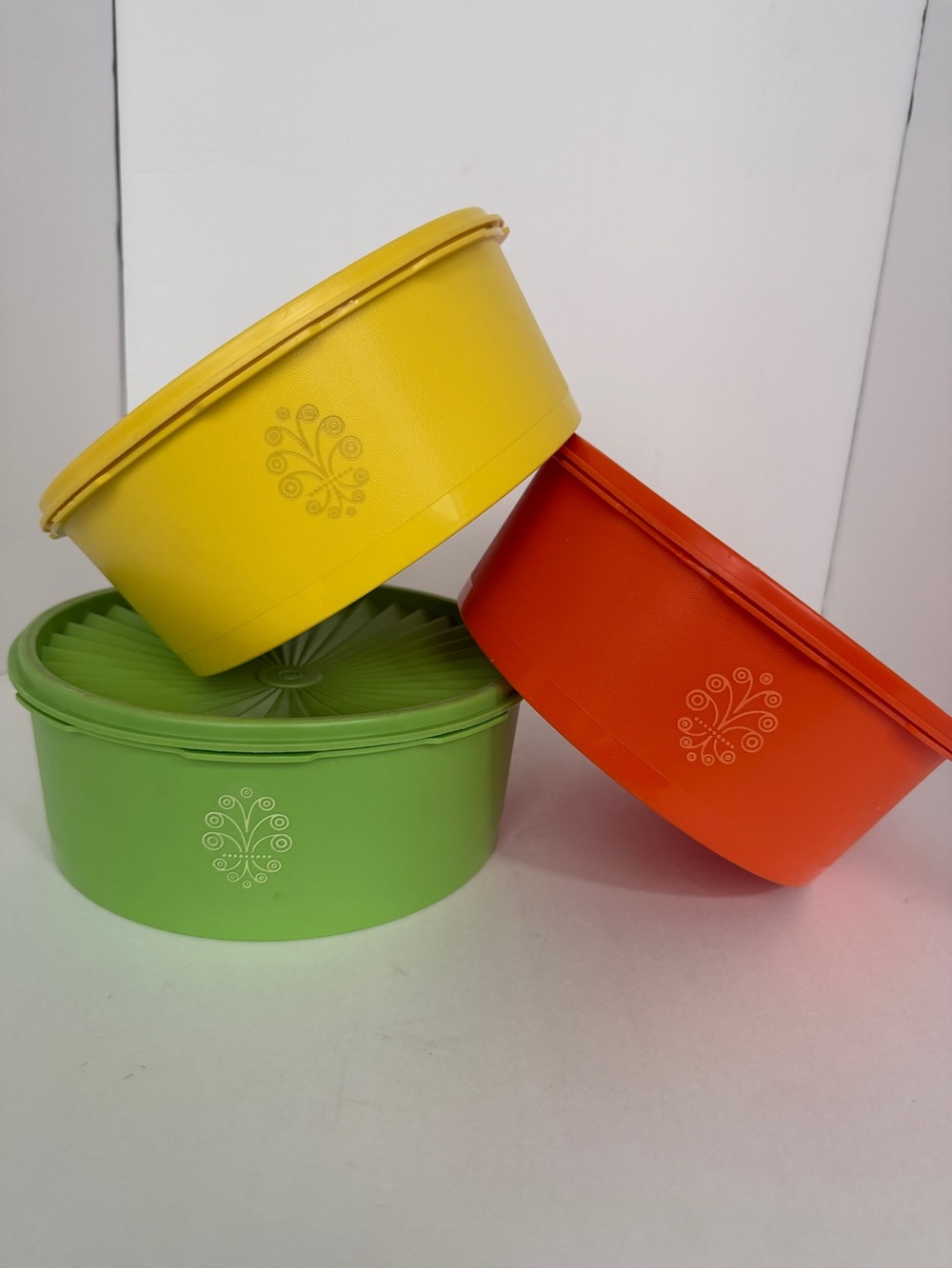 Vintage Tupperware Servalier Round Canister Set of 3 - Green Yellow Orange #1204